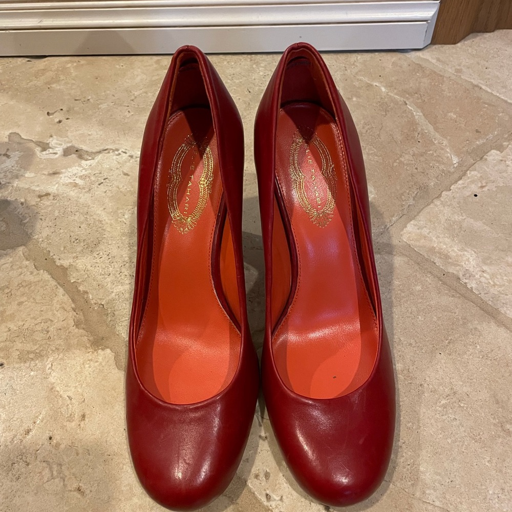 Elie Tahari Red leather heels with purple accent heel